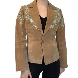 Monte Carlo Leather Jacket Brown Tan Embroidered Floral Women’s Size Medium